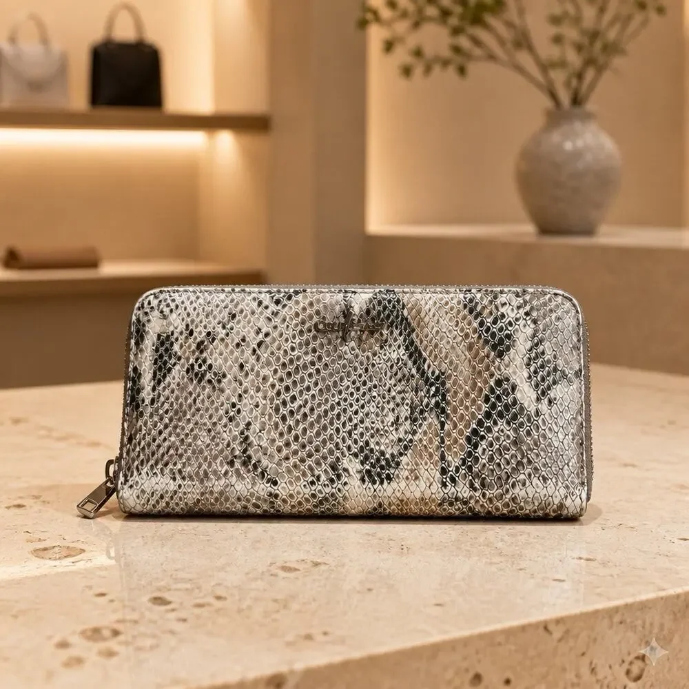 Cole Haan Snakeskin Print Leather Continental Zip Around Wallet 16 Compartments
